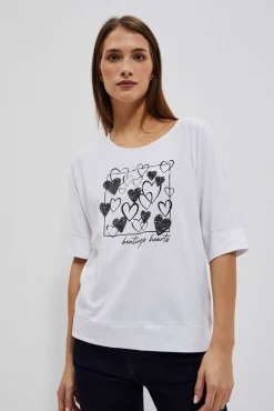 Bluzki Biale|Bluzki Bawełniane>Moodo T-shirt z nadrukowanymi sercami biały