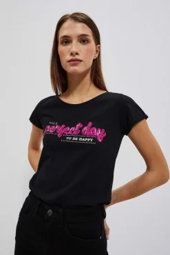 Bluzki Z Krótkim Rękawem|Bluzki Na Lato>Moodo T-shirt z napisem czarny