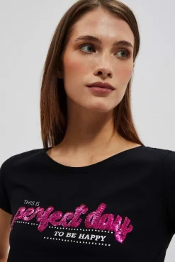 Bluzki Z Krótkim Rękawem|Bluzki Na Lato>Moodo T-shirt z napisem czarny