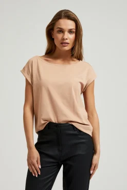 Bluzki Bawełniane|Bluzki Z Krótkim Rękawem>Moodo T-shirt z okrągłym dekoltem beżowy