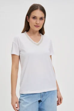Bluzki Biale|Bluzki Bawełniane>Moodo T-shirt z ozdobnym dekoltem biały