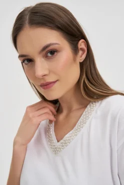 Bluzki Biale|Bluzki Bawełniane>Moodo T-shirt z ozdobnym dekoltem biały