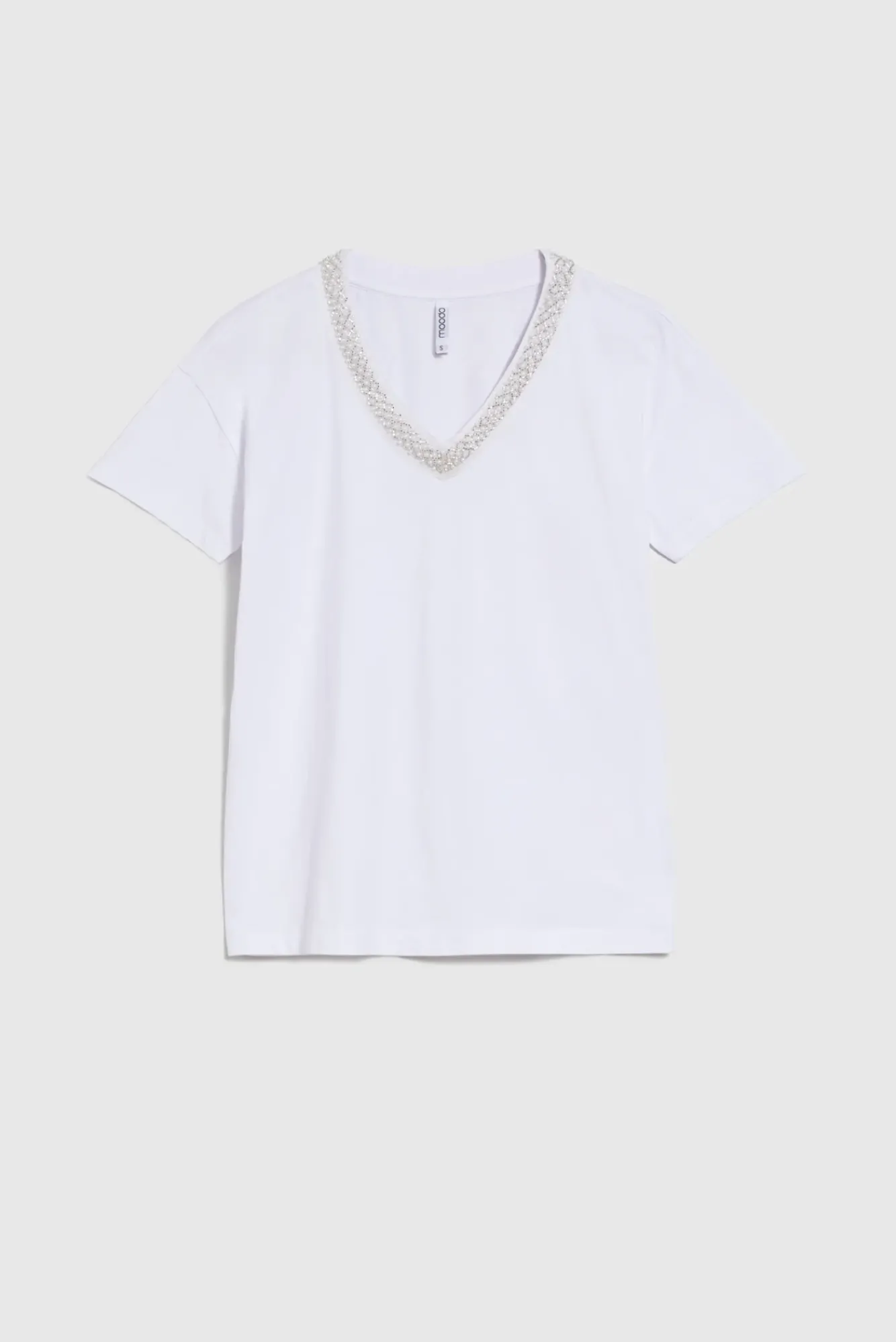 Bluzki Biale|Bluzki Bawełniane>Moodo T-shirt z ozdobnym dekoltem biały