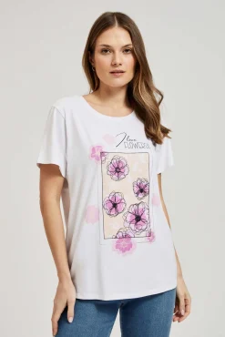 Bluzki Bawełniane|Bluzki Z Dekoltem>Moodo T-shirt z printem i napisem biały