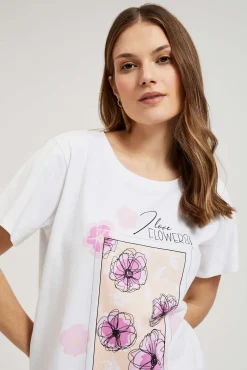 Bluzki Bawełniane|Bluzki Z Dekoltem>Moodo T-shirt z printem i napisem biały