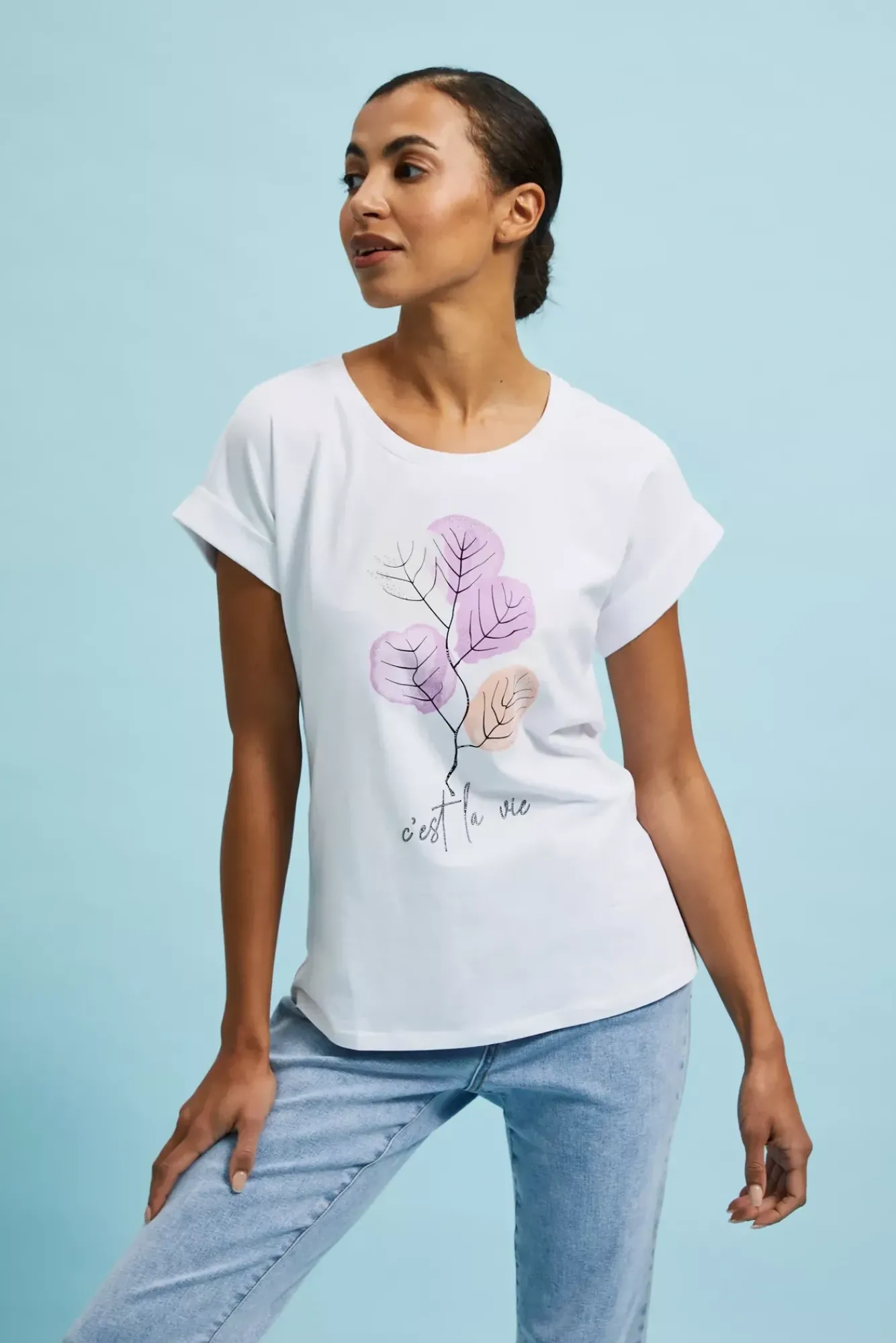Bluzki Bawełniane|Bluzki Z Dekoltem>Moodo T-shirt z roślinnym wzorem biały