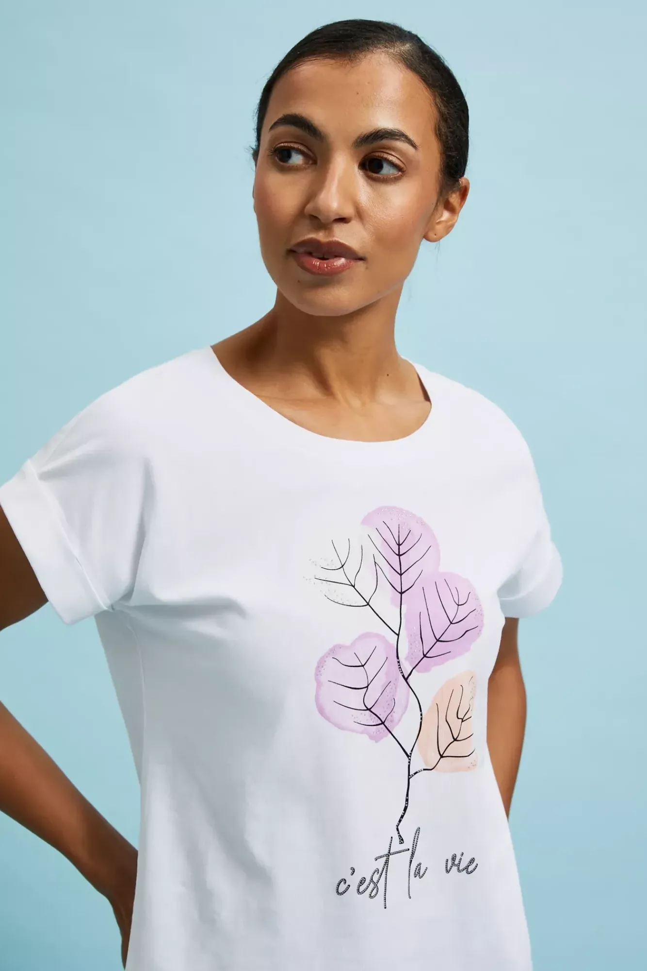 Bluzki Bawełniane|Bluzki Z Dekoltem>Moodo T-shirt z roślinnym wzorem biały