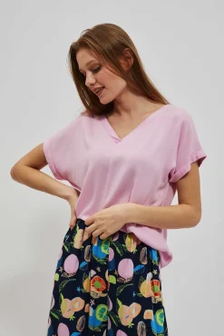 Koszule Casual|Koszule Na Lato>Moodo Wiskozowa koszula z dekoltem w serek pudrowo-różowa