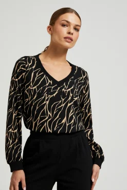 Koszule Czarne|Koszule Casual>Moodo Wiskozowa koszula z dekoltem w serek czarna