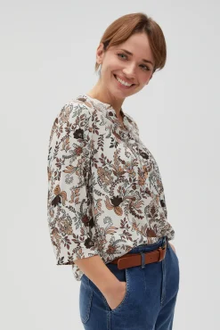 Koszule Casual|Koszule Z Nadrukiem>Moodo Wiskozowa koszula z kwiatowym wzorem beżowa